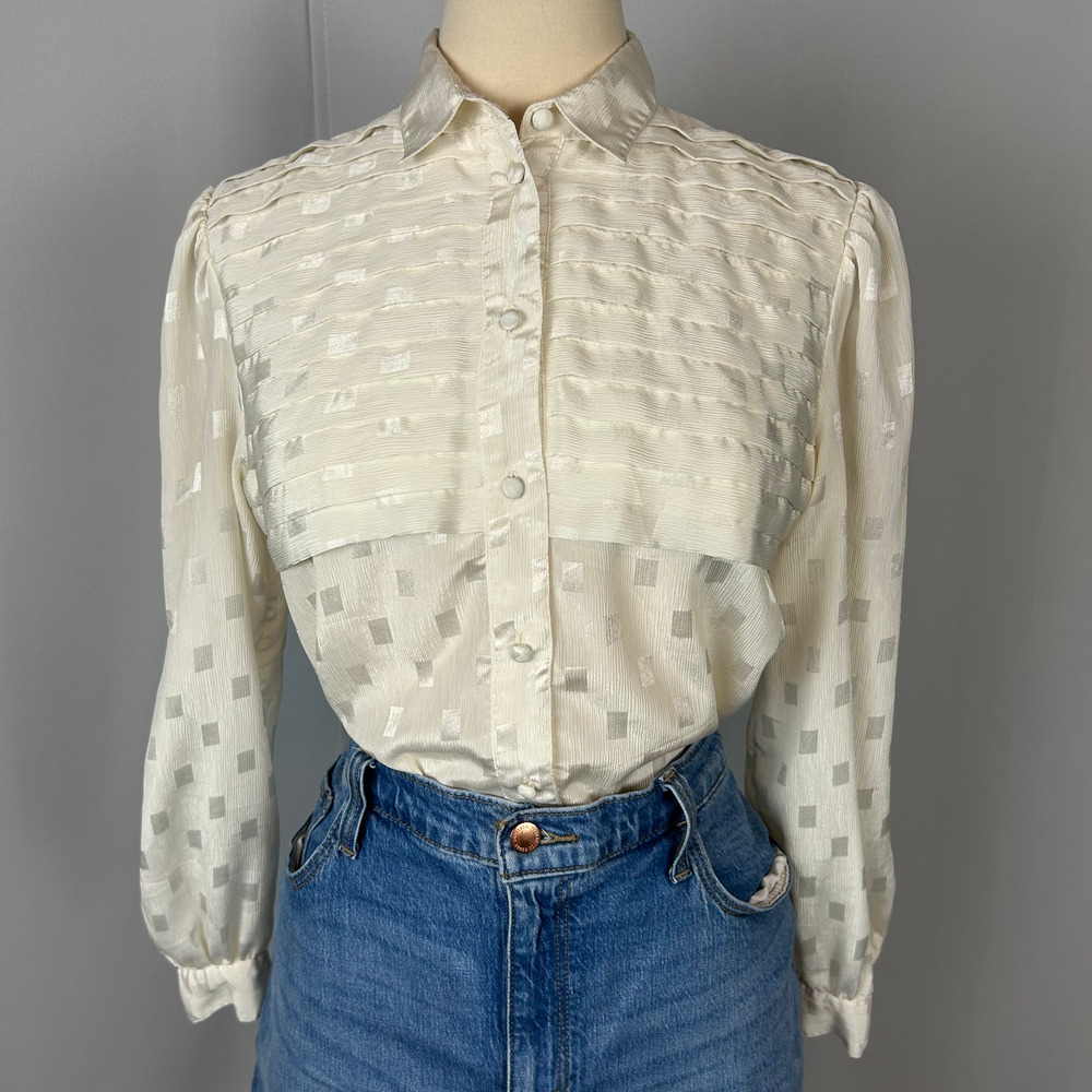 Vintage Blouse Top Size 12 White Jacquard Pleated Button Minimal Academia Office
